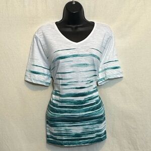 I-29 Chico’s White & Green Short Sleeve Pullover Blouse Size Large